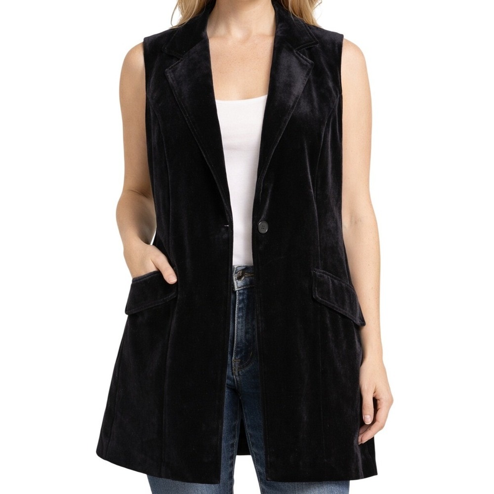 Coldwater Creek Womens Black Velvet Longline Blazer Vest Size 14 Single Button